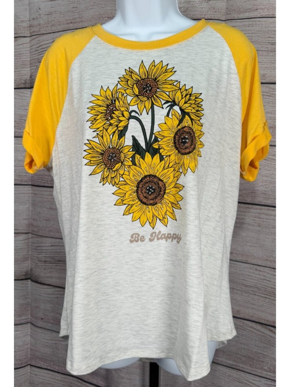 Truself Womens Sunflower Graphic T Shirt XL Yellow Gray Short Sleeve Crew Neck N